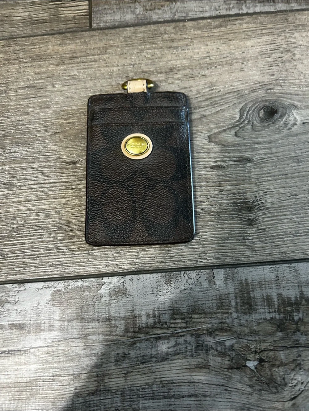 Coach Dark Brown Signature Card Sleeve with Gold Accent